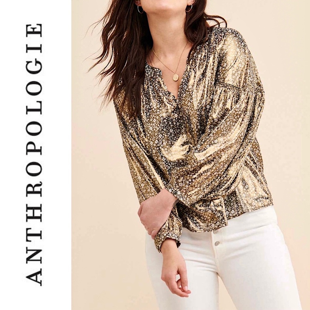 Current Air Goldtone Floral Puff Sleeve Blouse